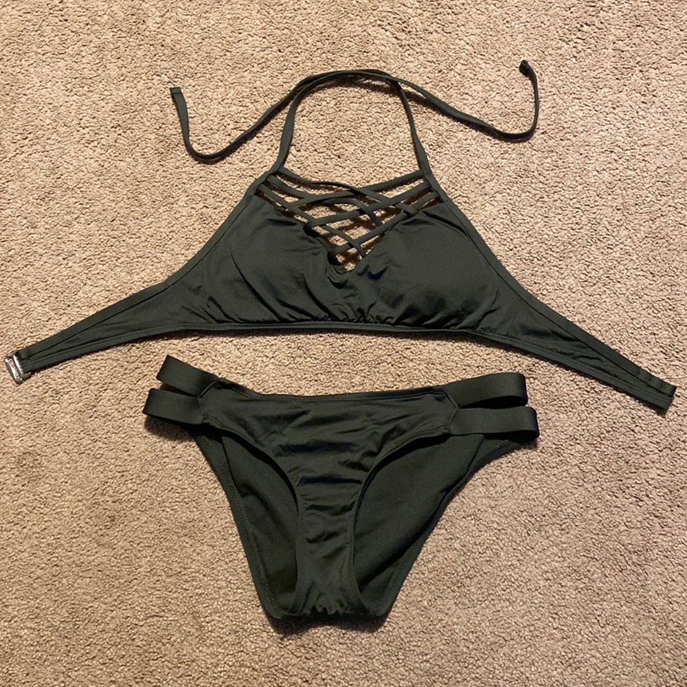Army green neck tie bikini top and cheeky bottoms